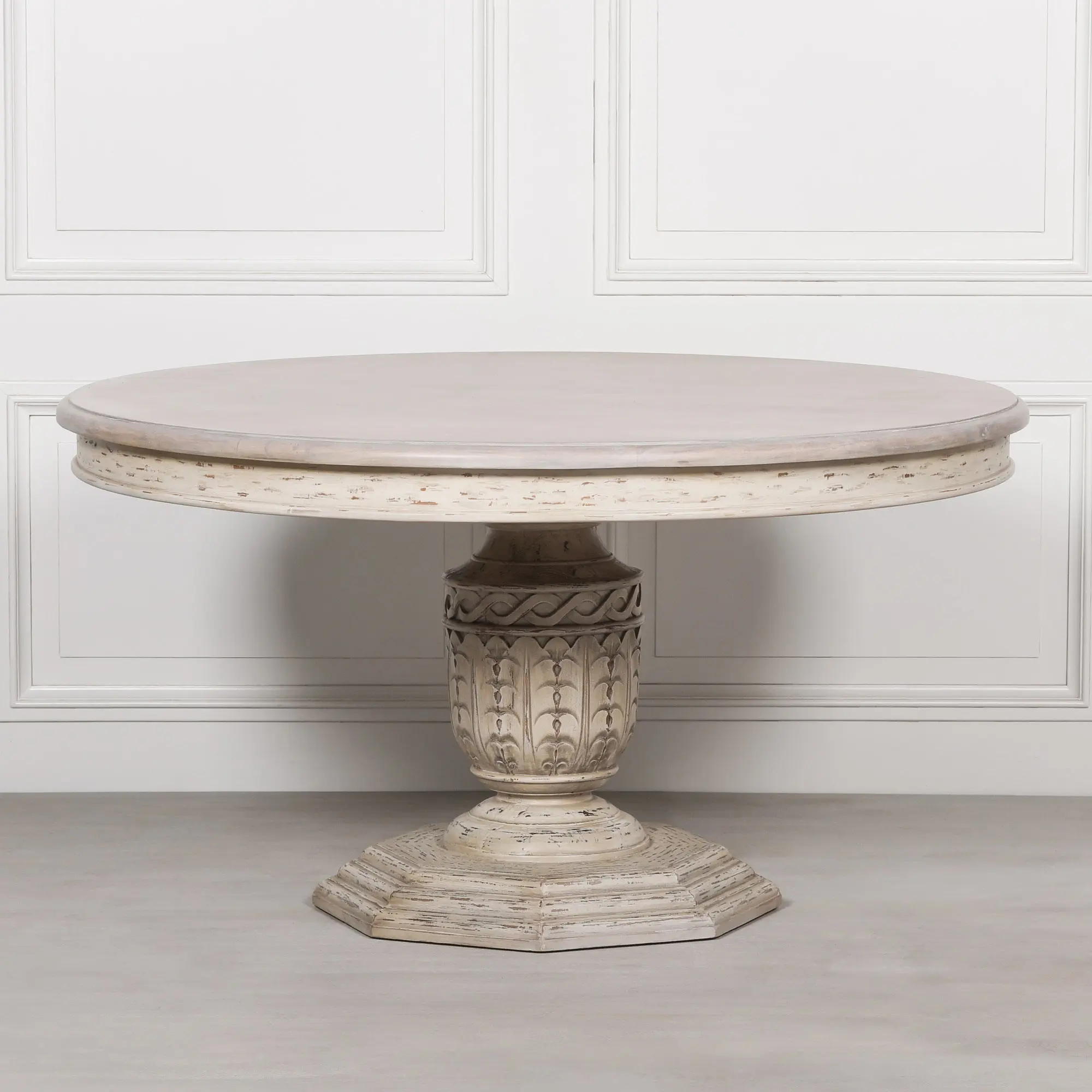 145cm Heavy Distressed Round Dining Table in White Cedar Wood - Image 2