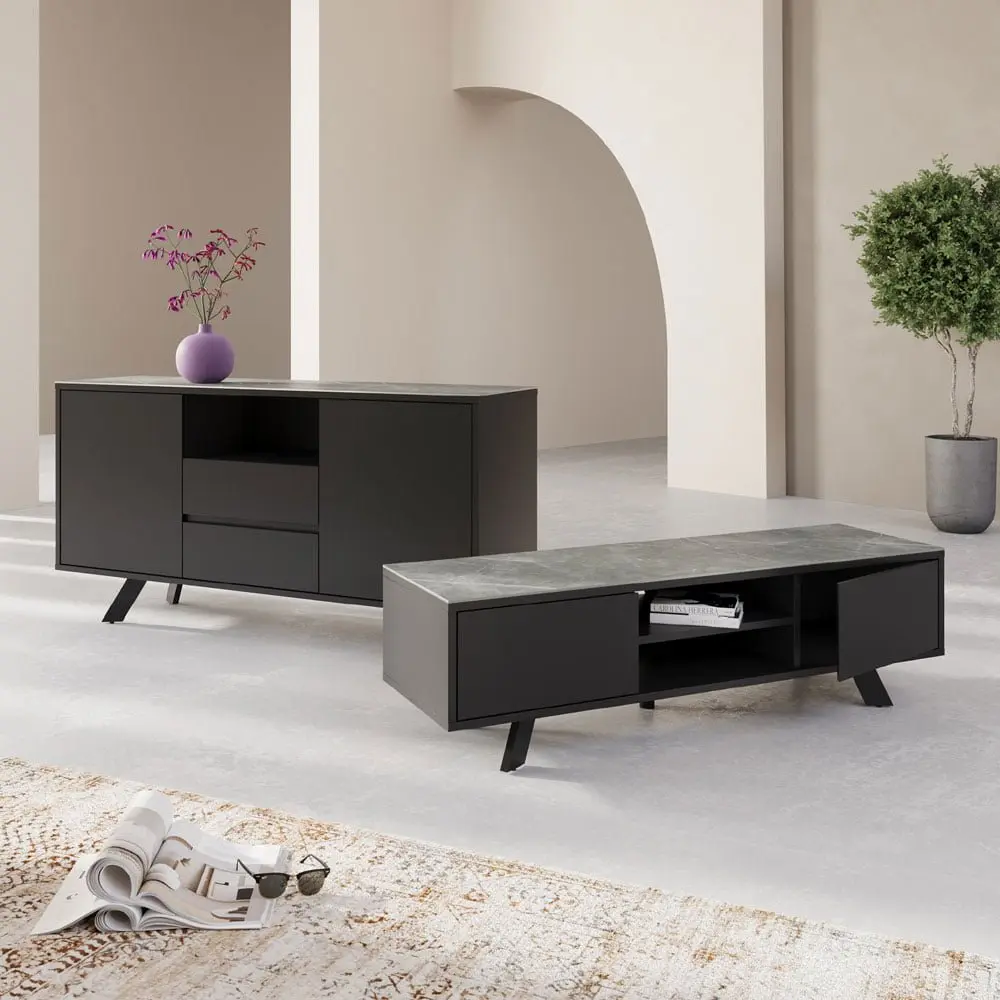 Azuma Matte Grey Ceramic TV Unit – Contemporary Media Stand - Image 2