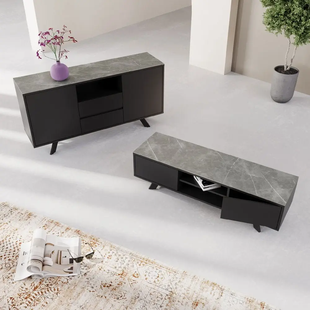 Azuma Matte Grey Ceramic TV Unit – Contemporary Media Stand - Image 3