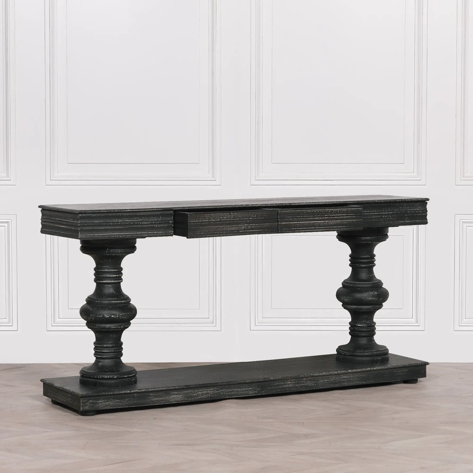 Black Distressed Wooden Console Table with Drawers – 180cm Handcrafted Mango Wood Design - Image 3