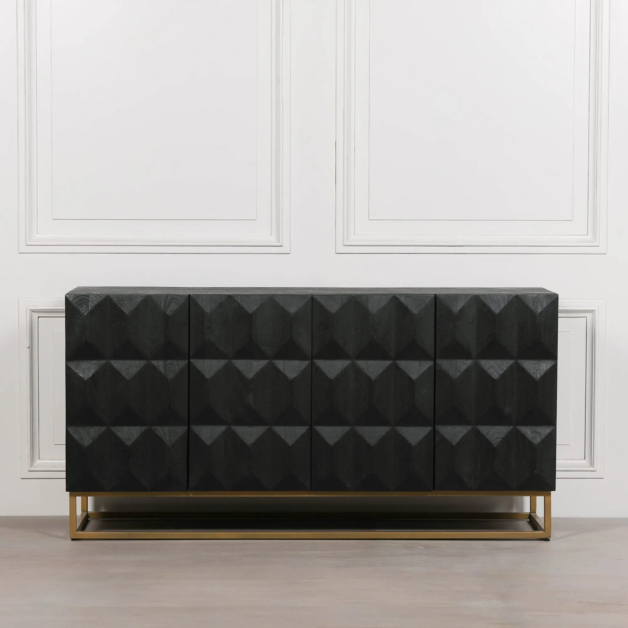 Black Wooden Diamond Pattern Sideboard – Contemporary 4 Door Gold Base Design