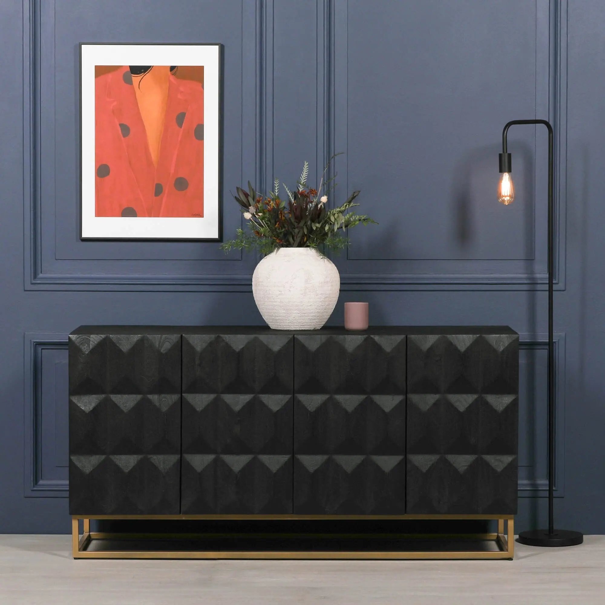 Black Wooden Diamond Pattern Sideboard – Contemporary 4 Door Gold Base Design - Image 2
