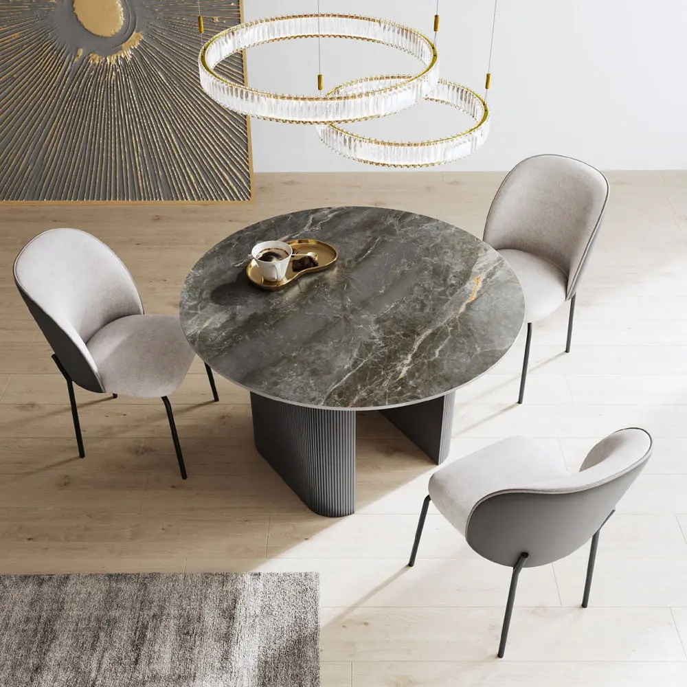 Carter 120cm Round Gloss Grey Ceramic Dining Table – Marble Effect Top - Image 6