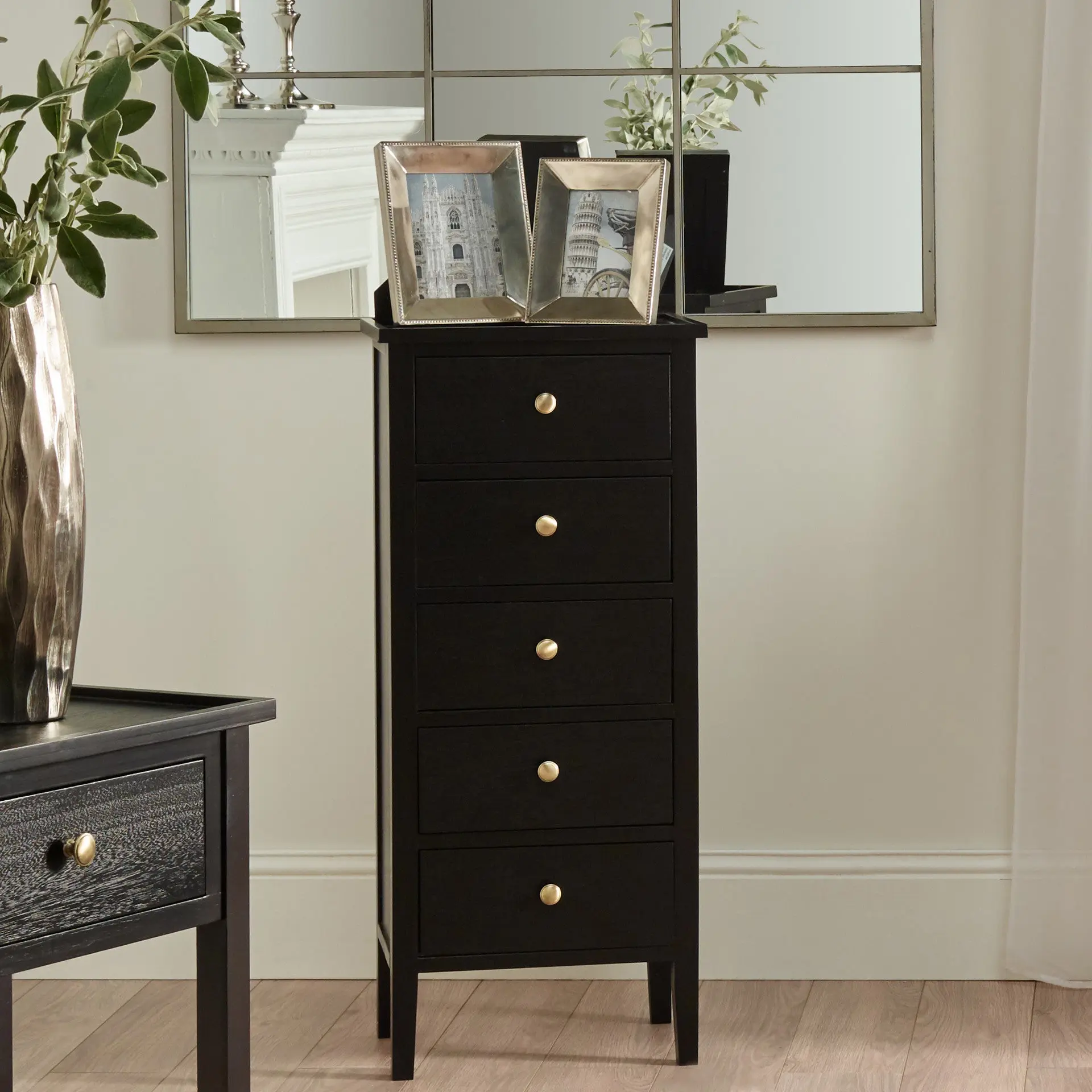 Chelmsford Satin Black Pine Wood 5 Drawer Tall Unit – Mid-Century Storage - Image 2