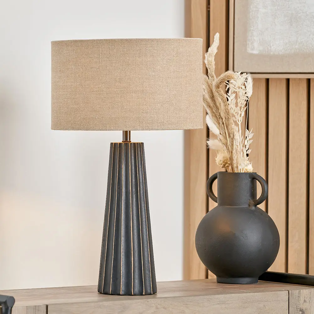 Draydon Black Wash Mango Wood Textured Cone Table Lamp - Image 2