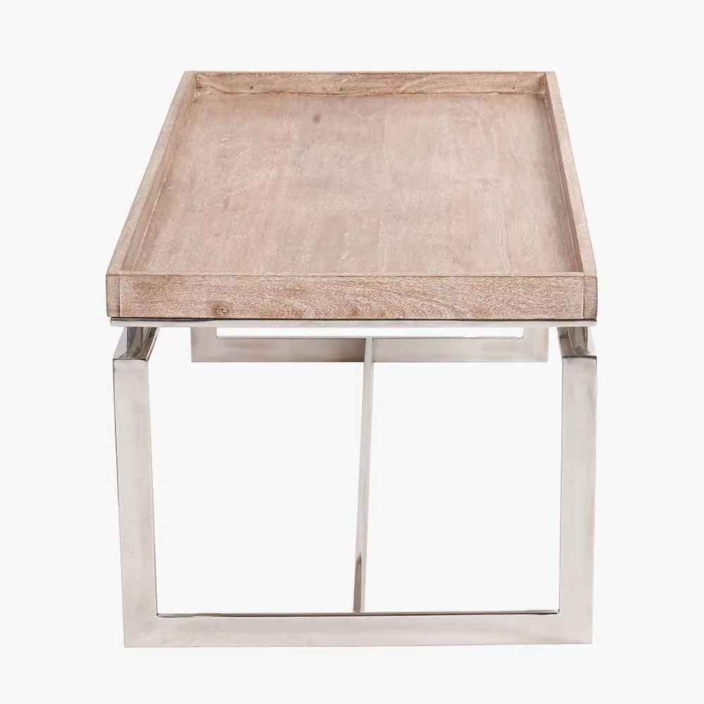 Evelyn Natural Antique Finish Mango Wood and Silver Metal Coffee Table - Image 4