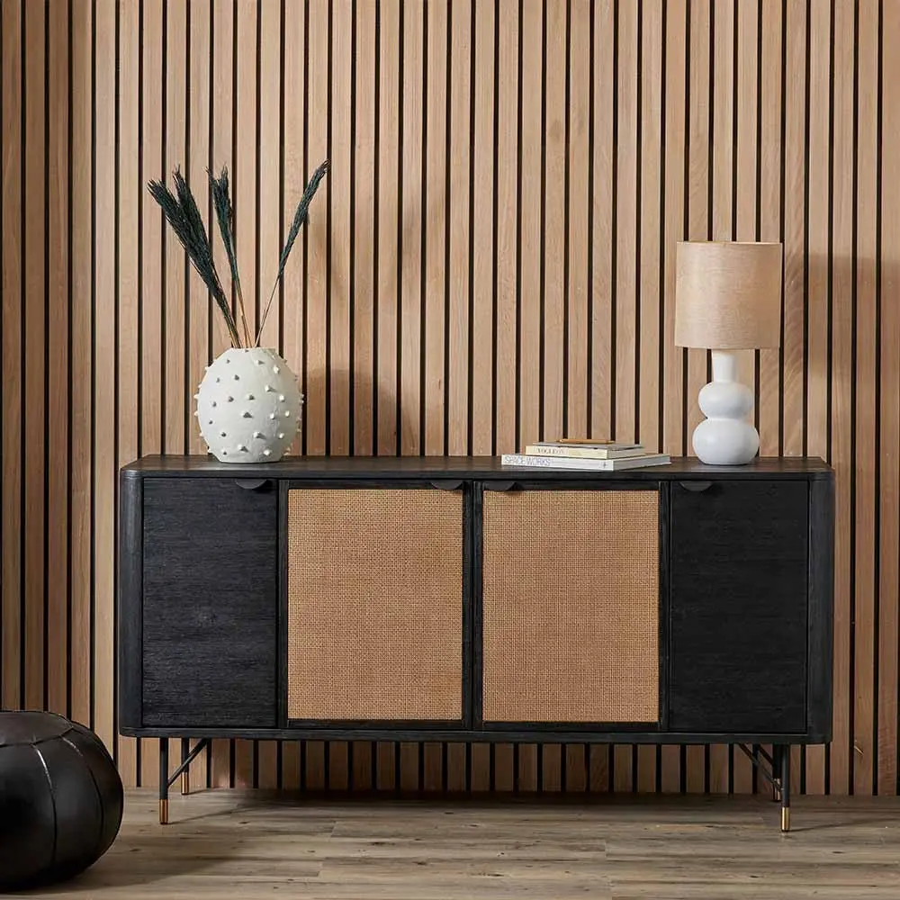 Fiji 4 Door Sideboard in Black Acacia Wood & Natural Rattan - Pacific Lifestyle