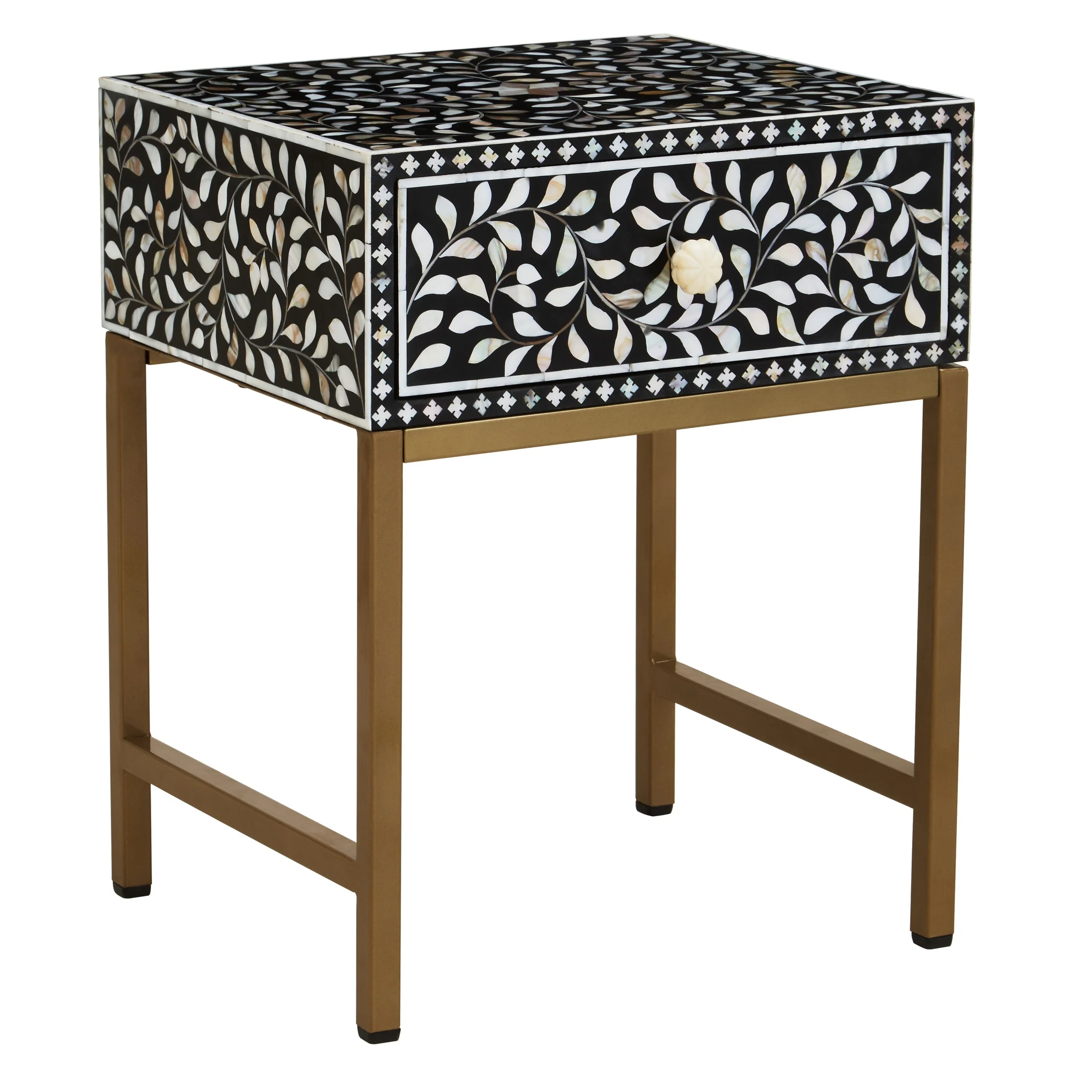 Fusari Bone Inlay Side Table with Drawer & Gold Legs