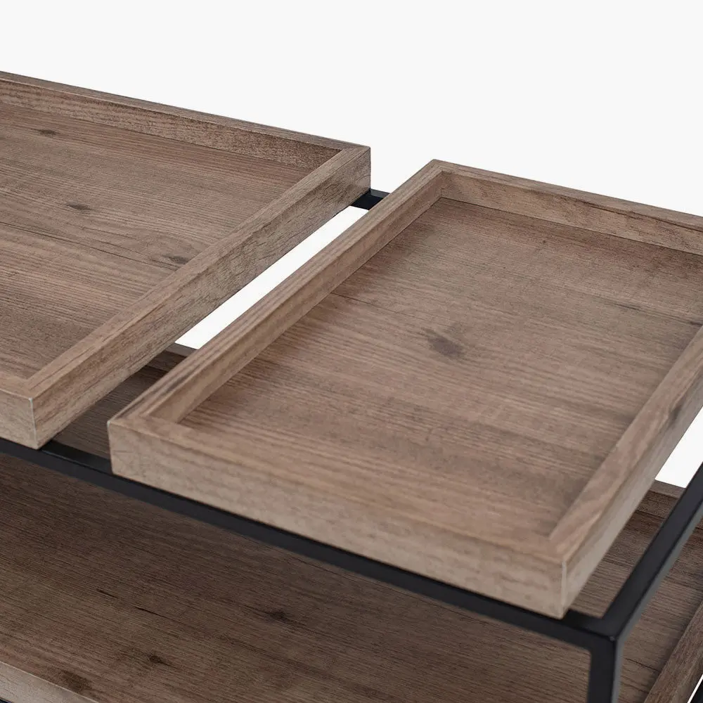 Gallery Natural Wood Veneer and Black Metal Coffee Table - Image 4