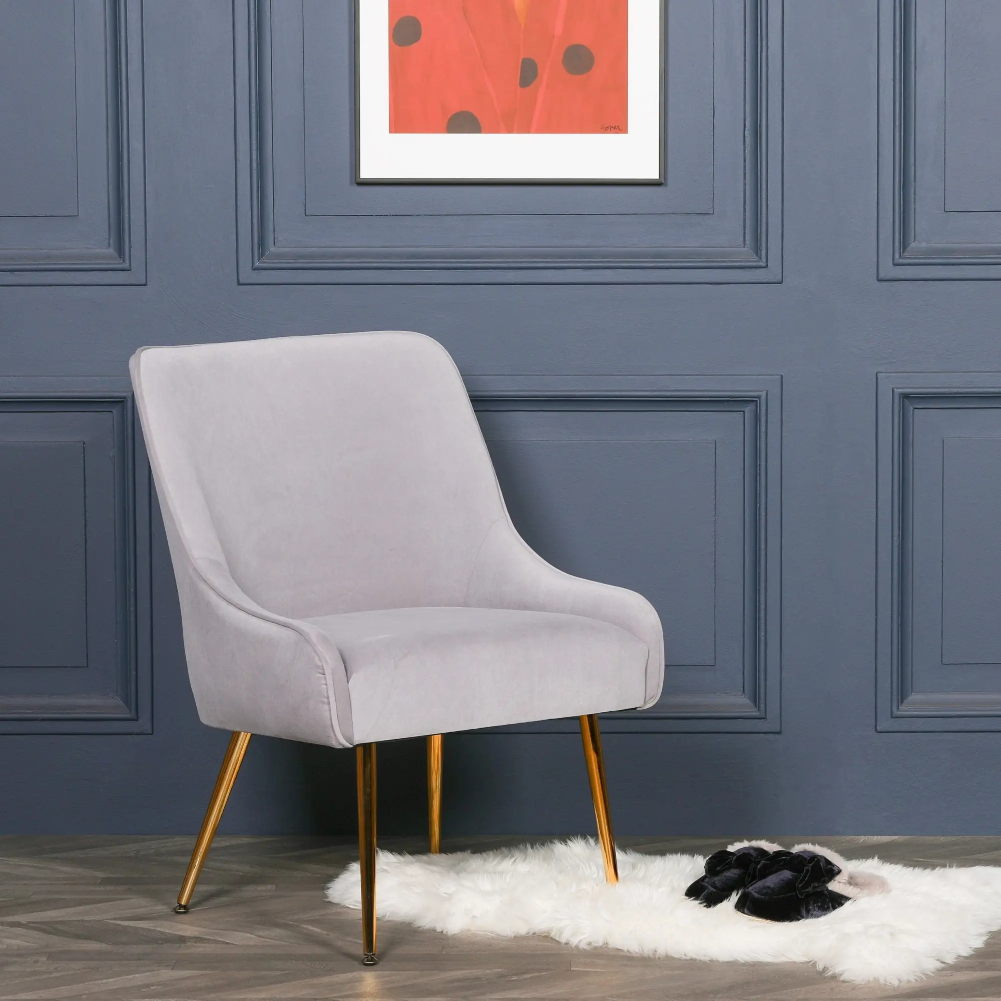 Grey Velvet Accent Chair with Gold Metal Legs