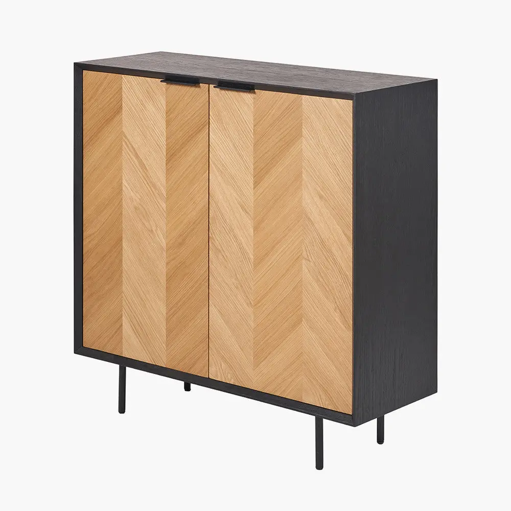Hailee Black and Natural Chevron Oak and Pine Wood 2 Door Bar Cabinet - Image 5