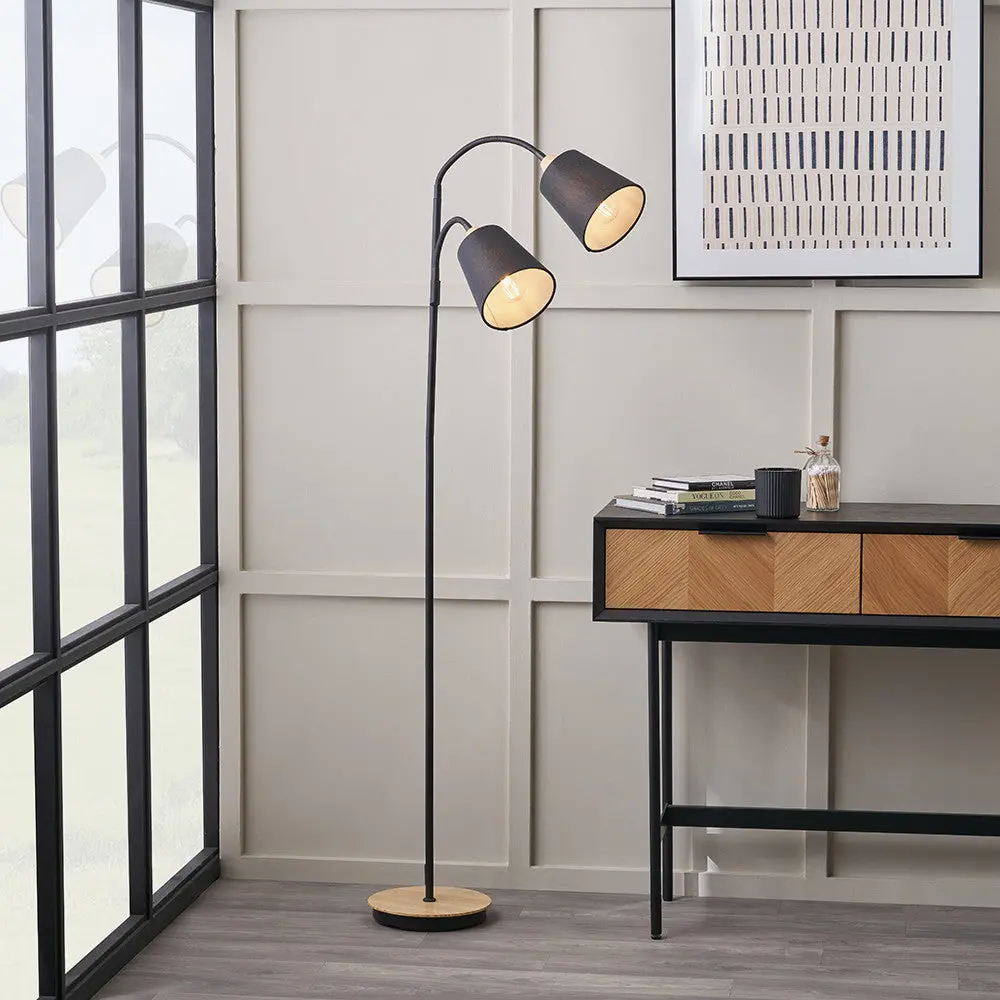 Juna Black Metal and Natural Wood Two Head Floor Lamp - Image 9