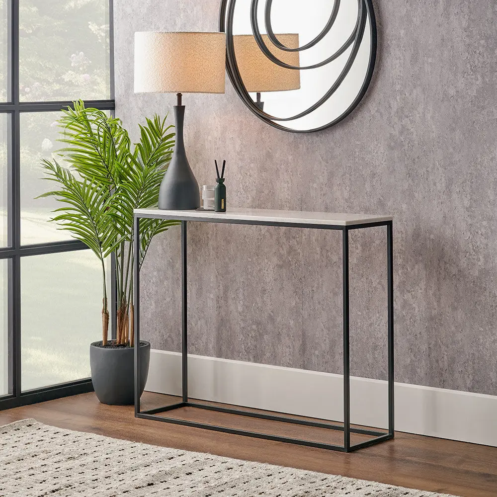 Kalani White Marble and Black Metal Rectangular Console Table - Image 8