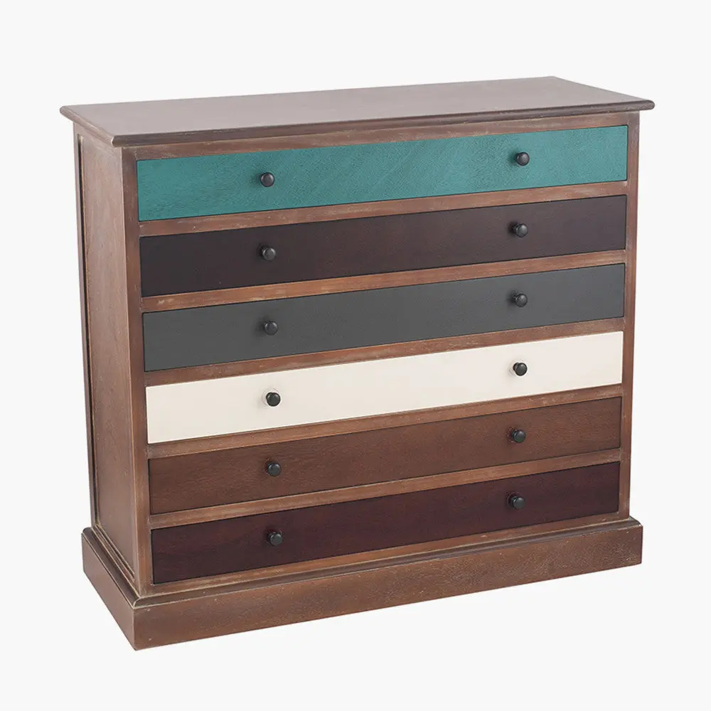 Loft Blue Multicoloured Pine Wood 6 Drawer Chest – Industrial Storage