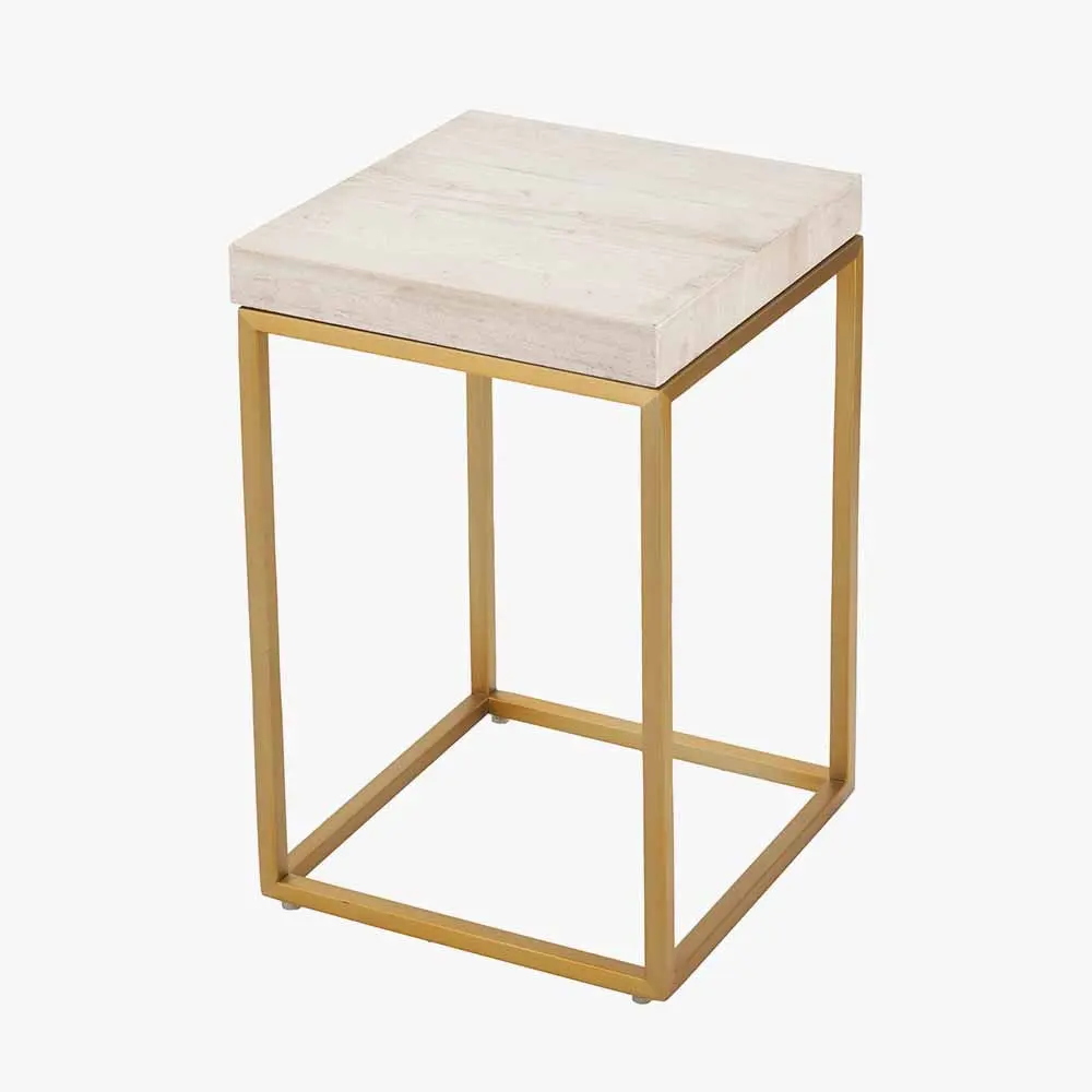 Madison Beige Granite and Burnished Gold Metal Square Side Table - Image 4