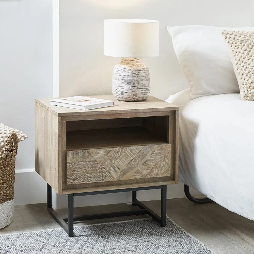 Marca Sand Wash Acacia Wood Bedside Table – 1 Drawer & Shelf - Image 2