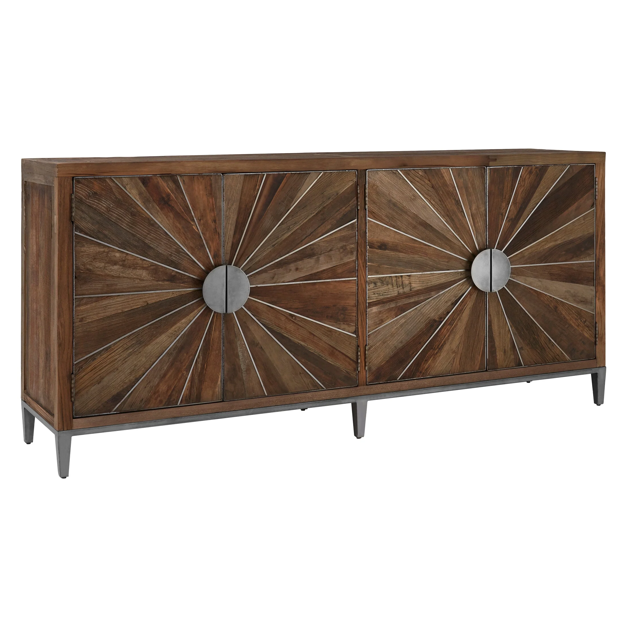 Midaro Elm Wood Sideboard with Silver Sunburst Inlay