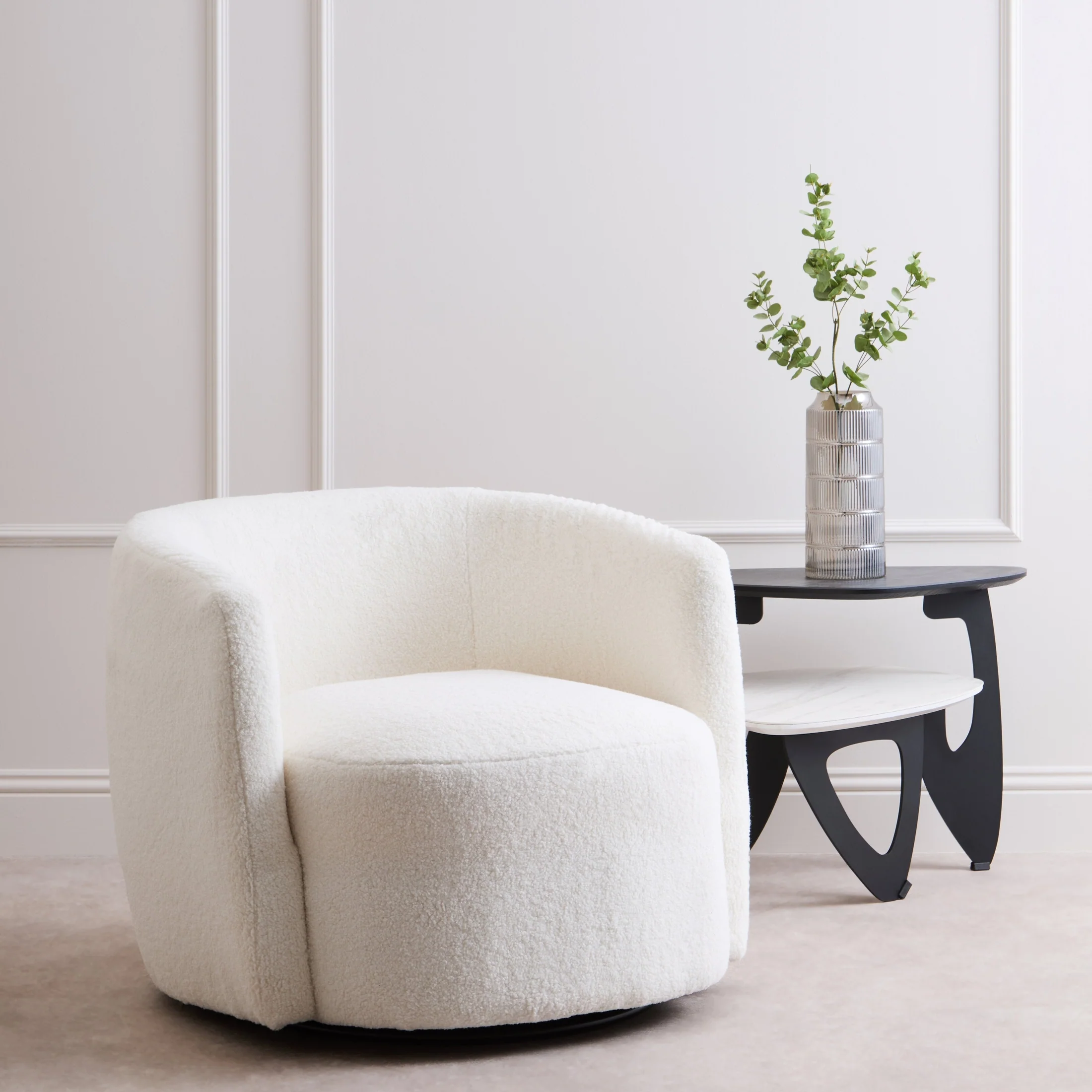 Montrose Ivory Bouclé Effect Curved Lounge Chair with Swivel Base - Image 2
