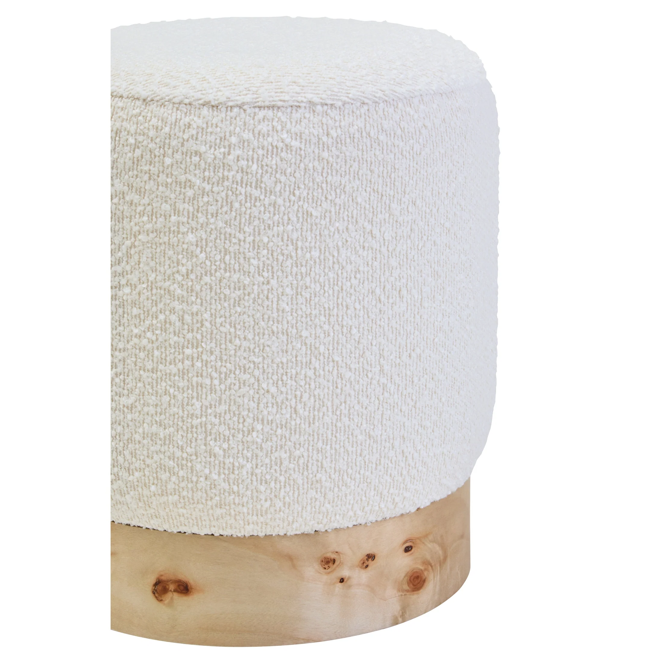 Motara Burl Wood and Cream Bouclé Round Stool - Image 4