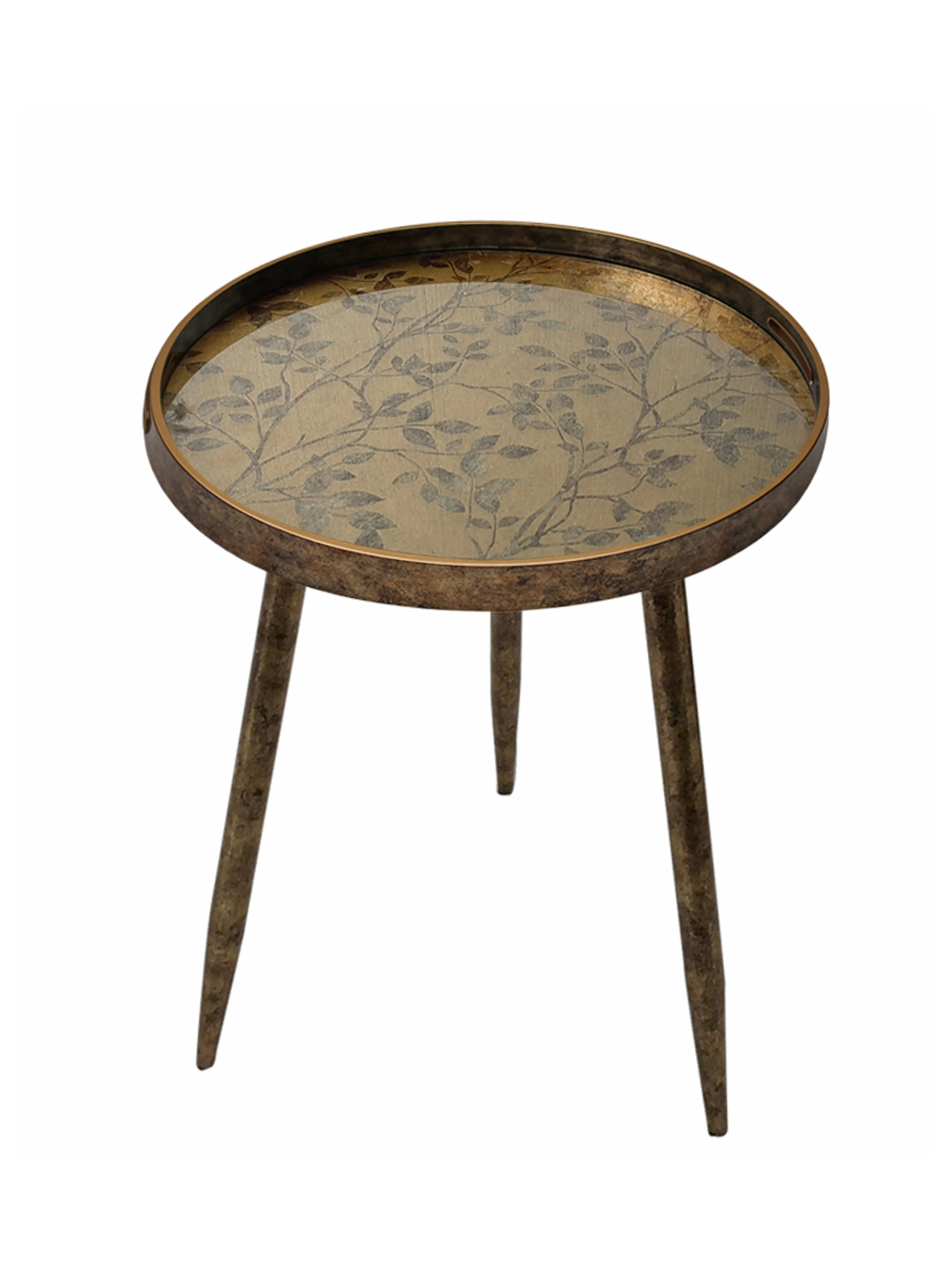 Oriental Floral Round Side Table with Antique Metal Frame