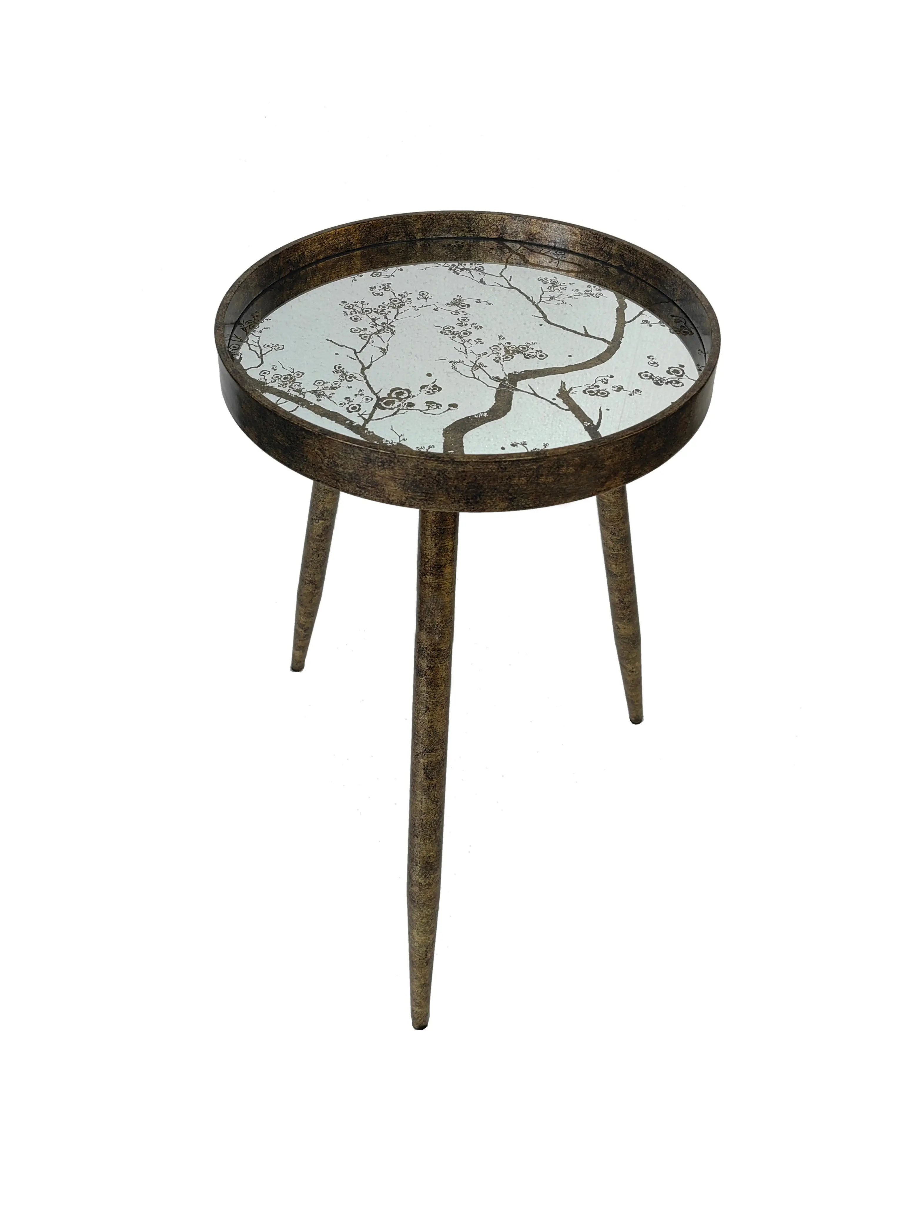Oriental Tree Round Side Table with Metal Frame