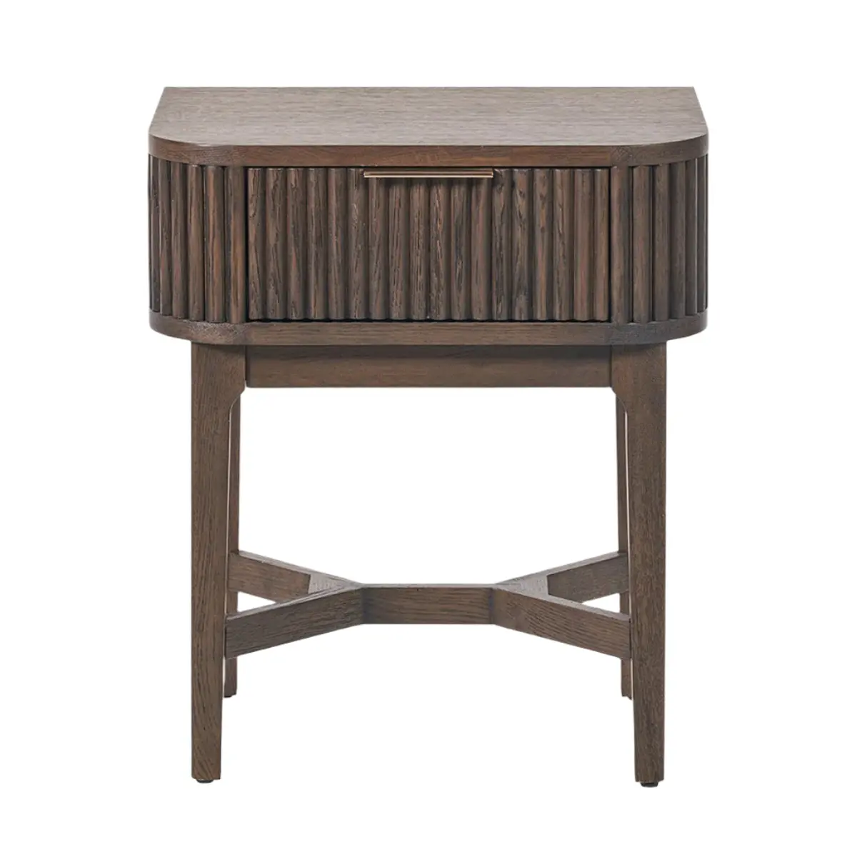 Raie Dark Brown Ribbed Oak and Pine Wood 1 Drawer Bedside Table