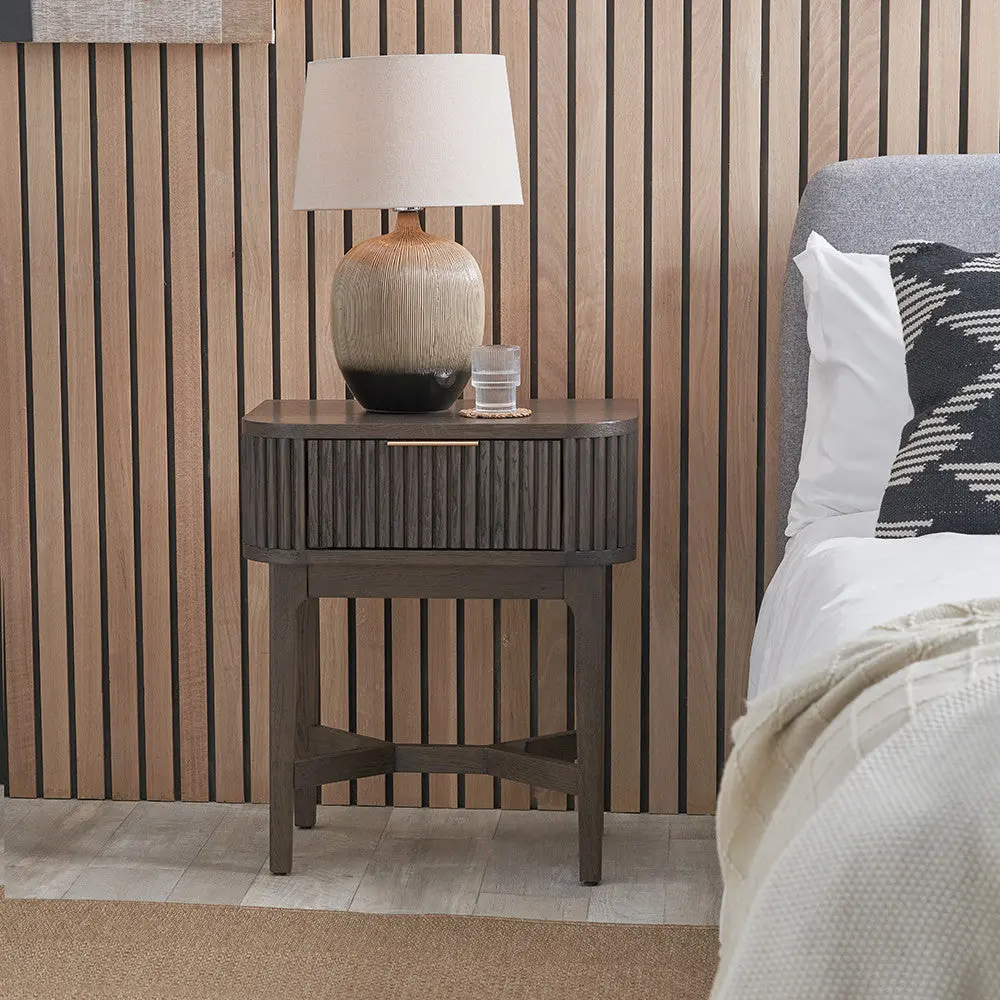 Raie Dark Brown Ribbed Oak and Pine Wood 1 Drawer Bedside Table - Image 2