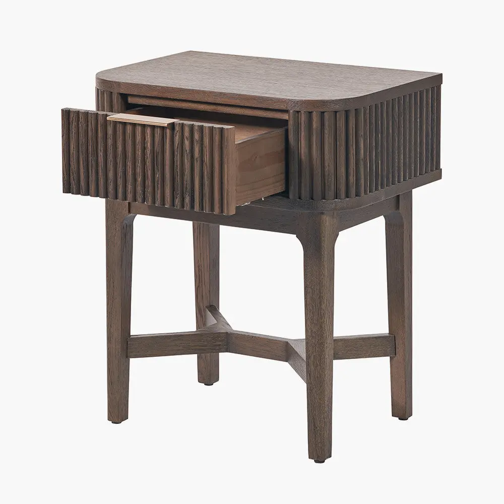 Raie Dark Brown Ribbed Oak and Pine Wood 1 Drawer Bedside Table - Image 5