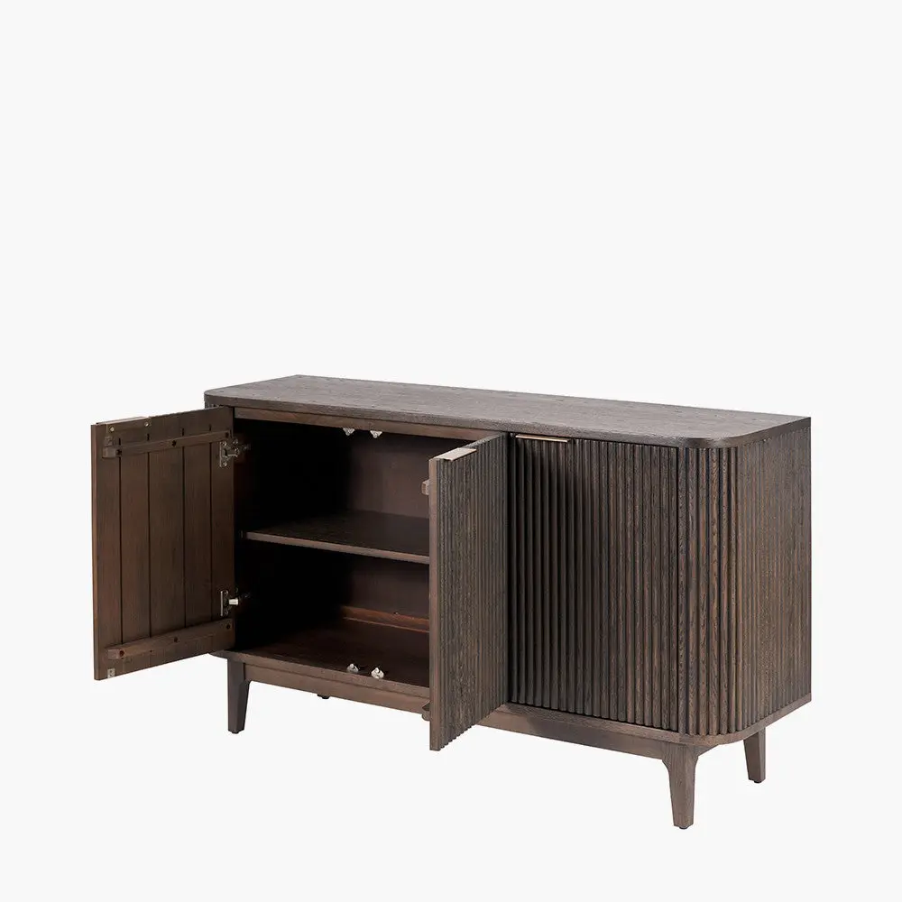 Raie Dark Brown Ribbed Oak & Pine Wood 3 Door Sideboard - Image 6
