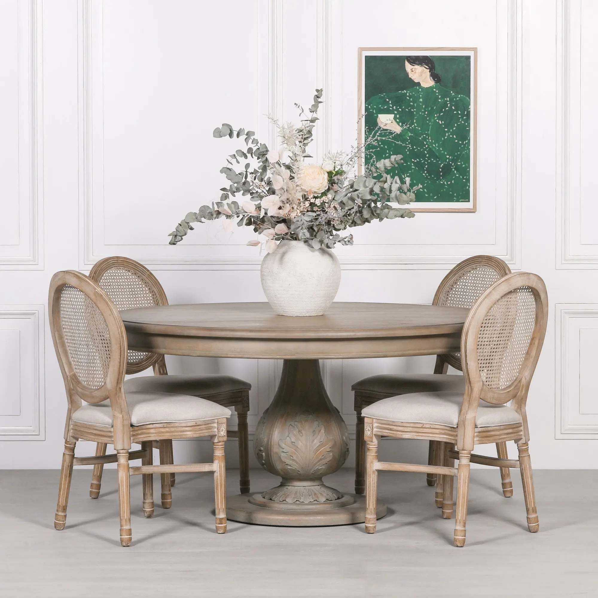 Rustic Washed 150cm Round Acorn Dining Table in Handcrafted Hardwood - Image 5