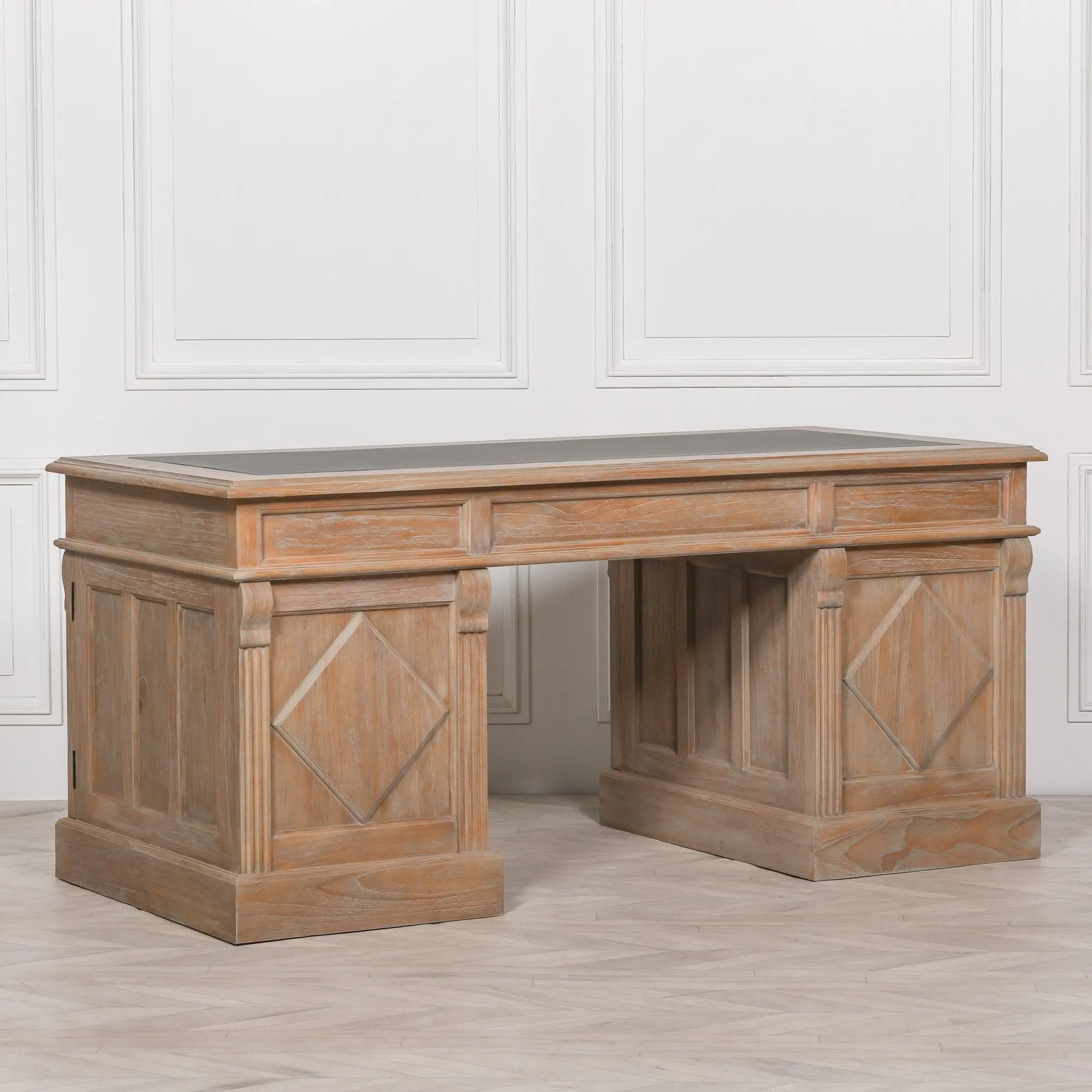 Rustic Wooden Desk with Grey Leather Top and Storage Drawers - Image 14