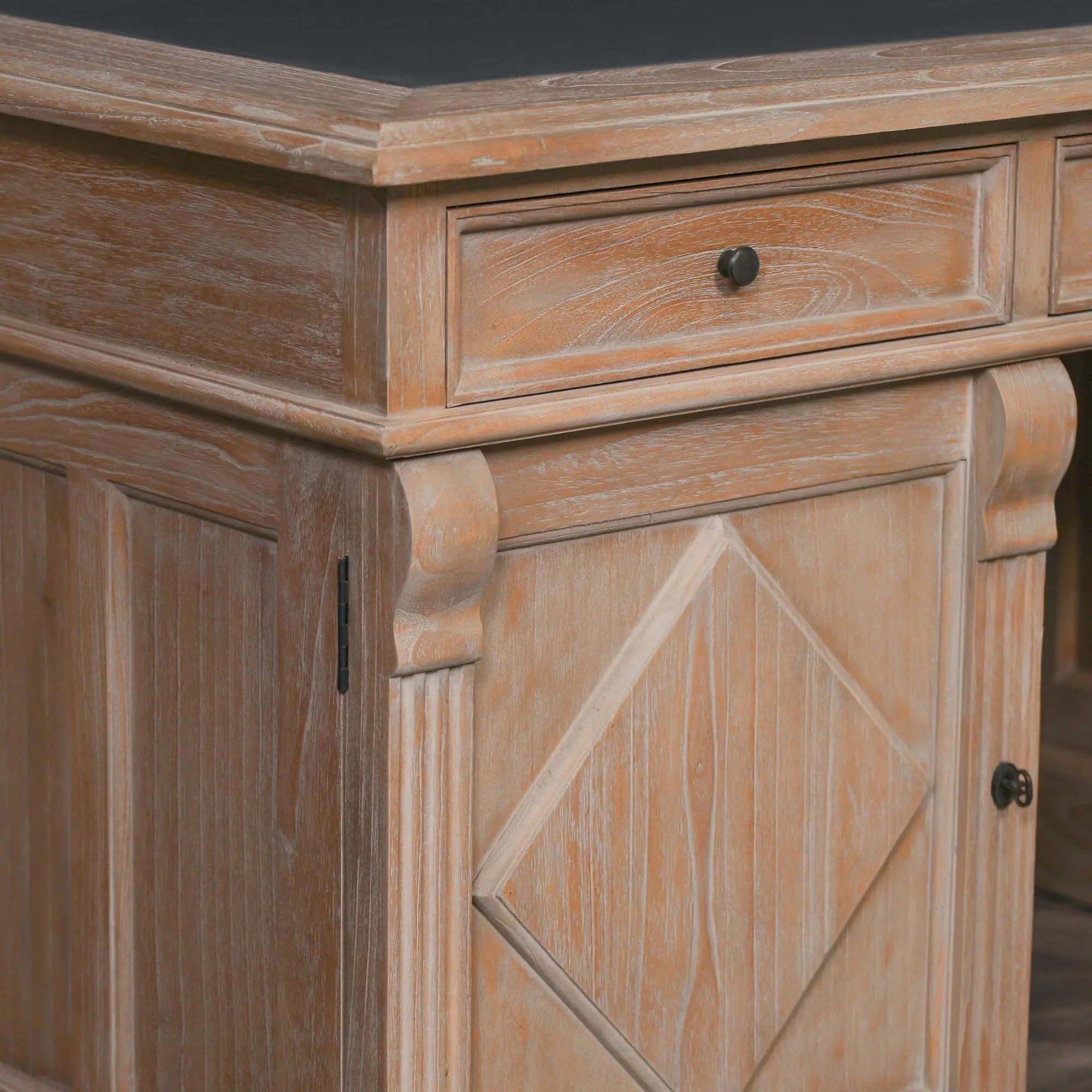 Rustic Wooden Desk with Grey Leather Top and Storage Drawers - Image 18