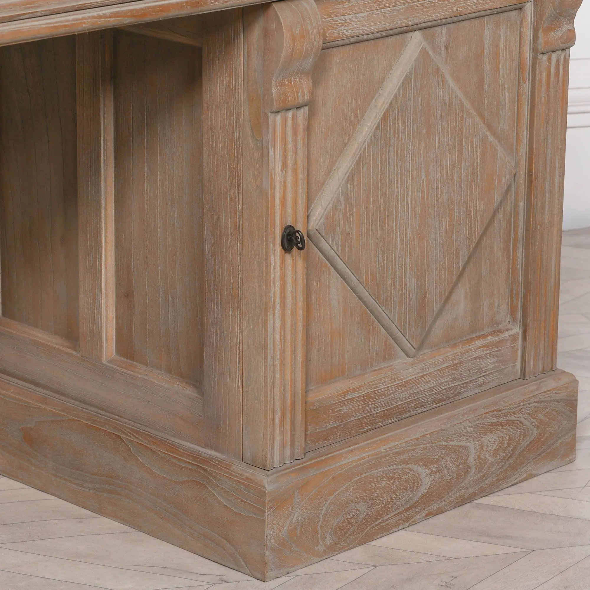 Rustic Wooden Desk with Grey Leather Top and Storage Drawers - Image 19