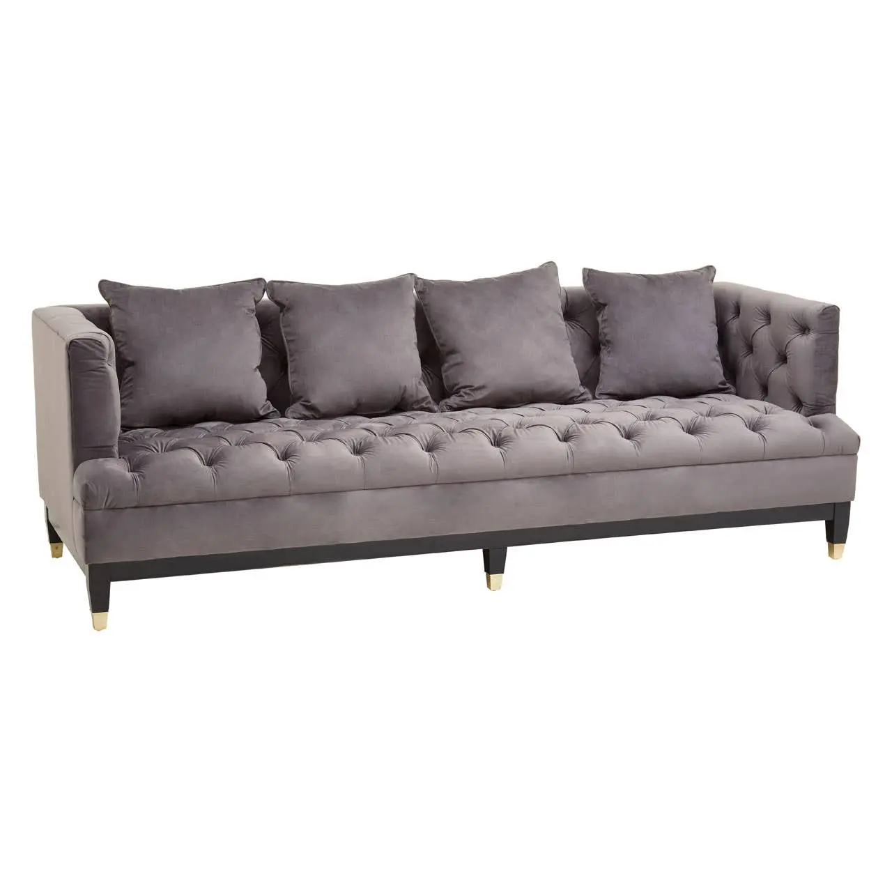 Sirella 3 Seat Pirate Grey Fabric Sofa – Deep Button Tufting & Gold Legs