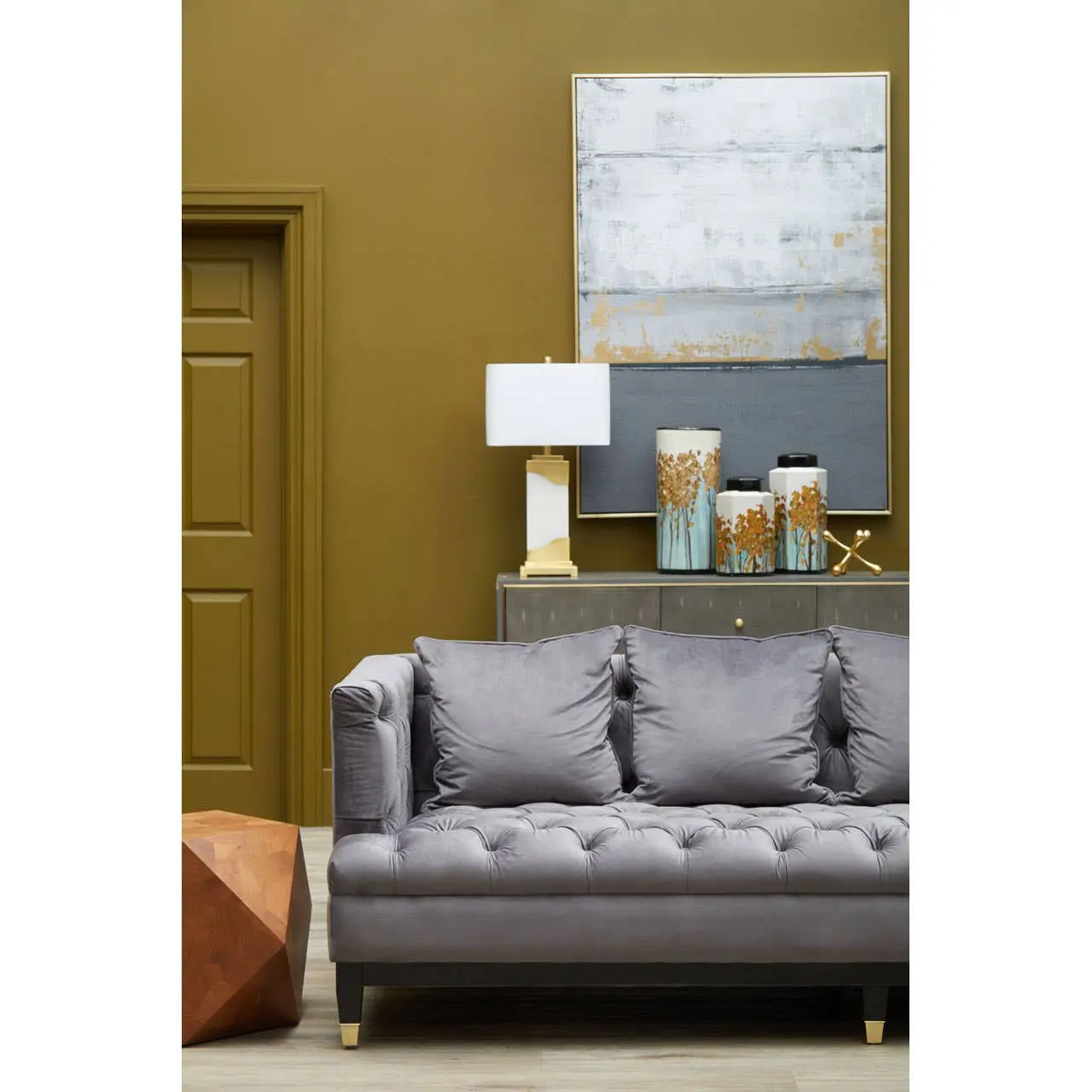 Sirella 3 Seat Pirate Grey Fabric Sofa – Deep Button Tufting & Gold Legs - Image 2