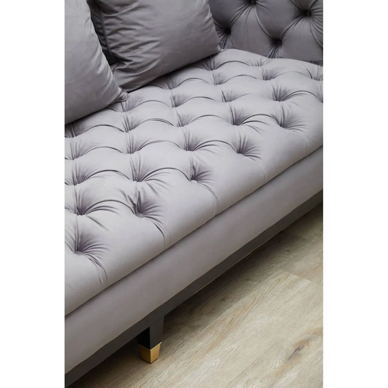 Sirella 3 Seat Pirate Grey Fabric Sofa – Deep Button Tufting & Gold Legs - Image 5