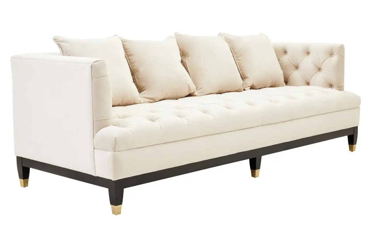 Sirella 3 Seat Sand Fabric Sofa – Deep Button Tufted with Gold Legs - Image 5