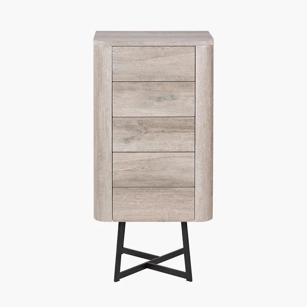 Ukiah Grey Oak Veneer and Black Metal 5 Drawer Tall Unit