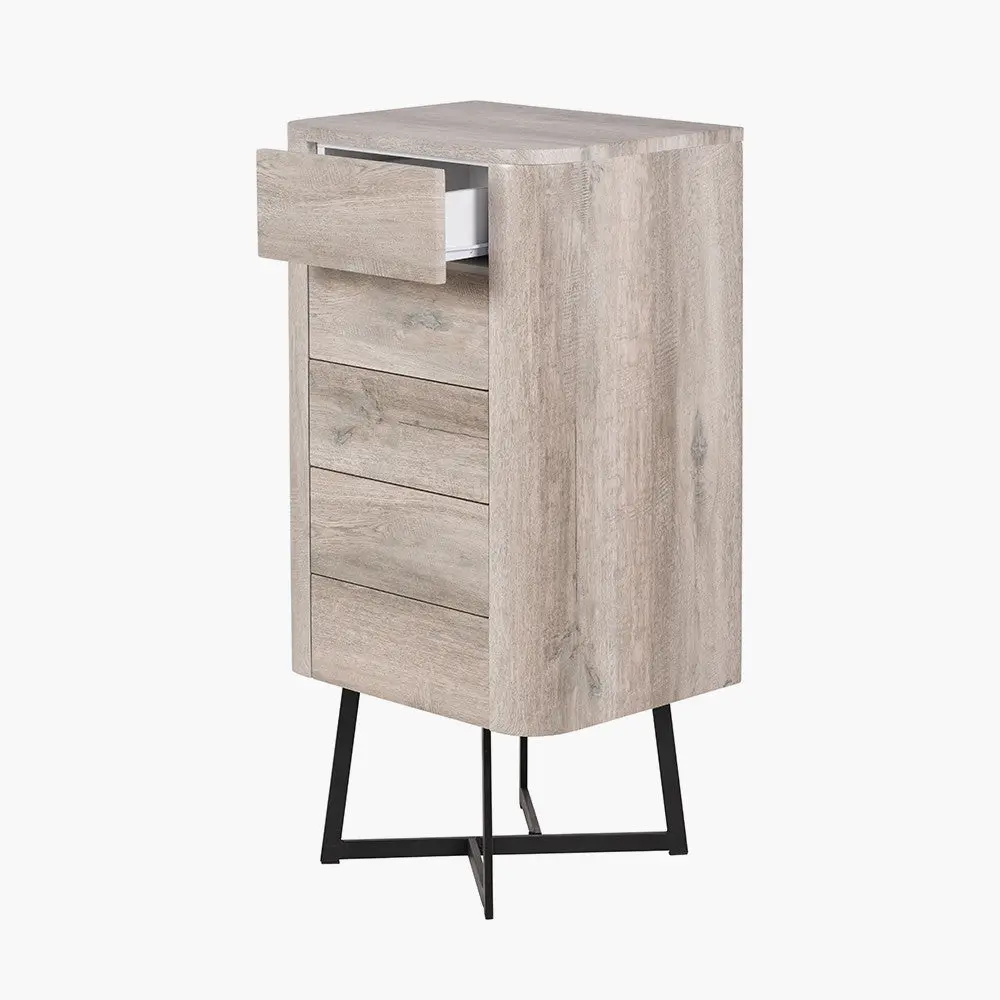 Ukiah Grey Oak Veneer and Black Metal 5 Drawer Tall Unit - Image 3