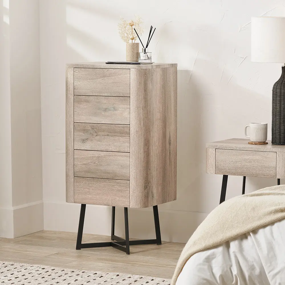Ukiah Grey Oak Veneer and Black Metal 5 Drawer Tall Unit - Image 9