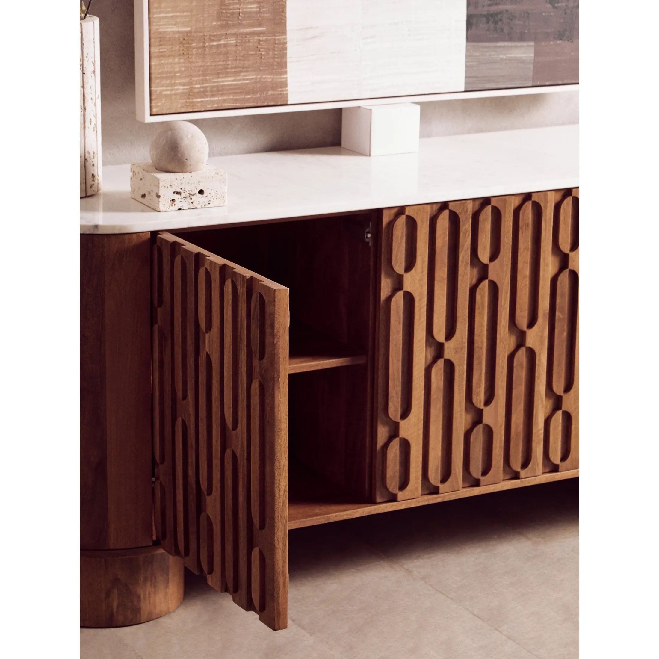 Vercino Mango Wood Sideboard with Marble Top & Carved Design - Image 6