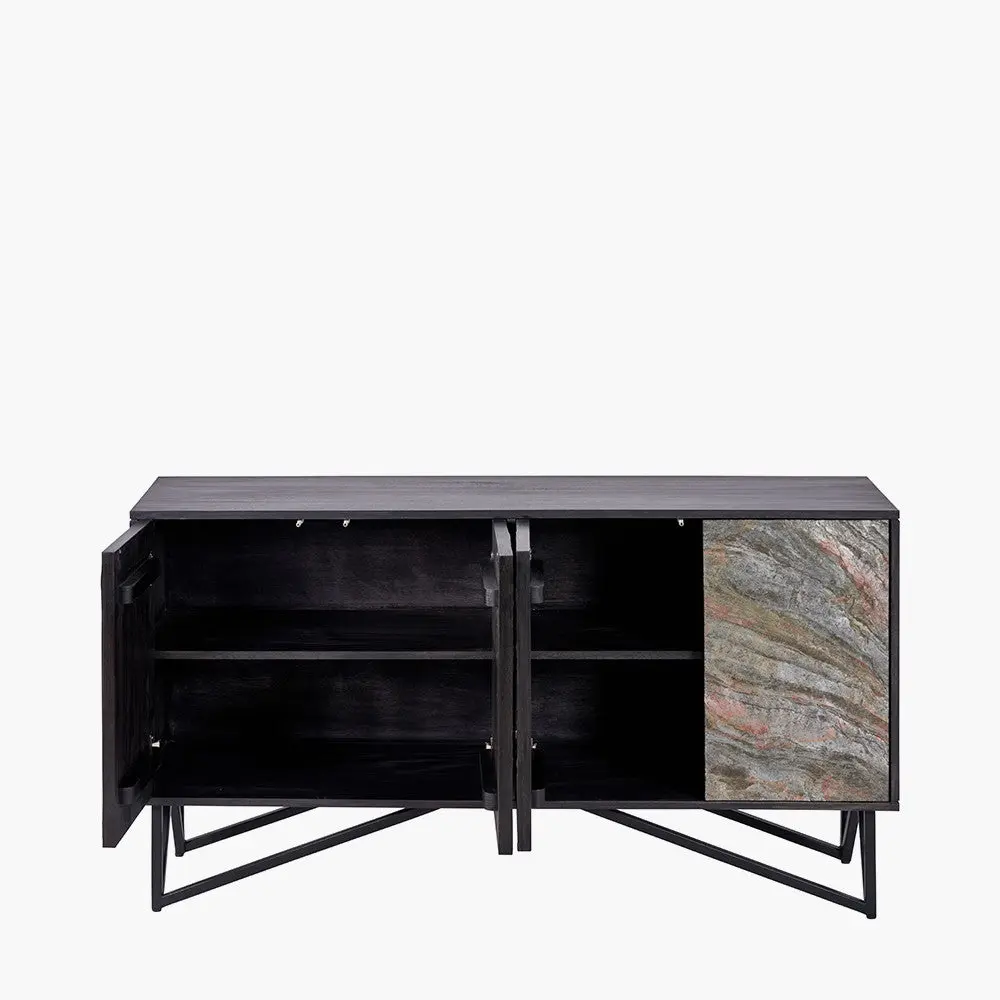 Verde Black Mango Wood & Stone Veneer 4 Door Sideboard – Modern Storage - Image 4