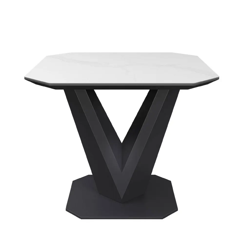 Vivenzi Matte White Ceramic Side Table – Marble Effect with Geometric Black Base