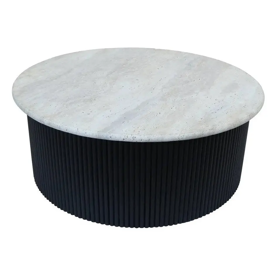 Walford Travertine Top Coffee Table with Black Acacia Wood Base - Image 9