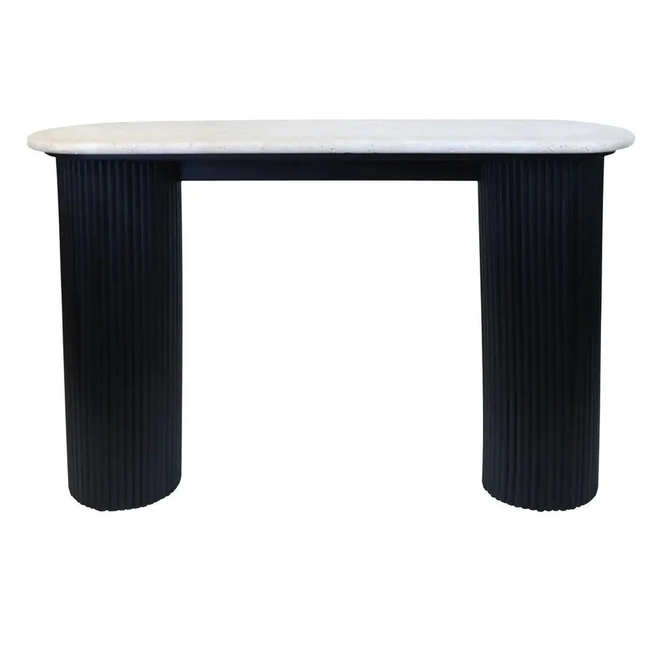Walford Travertine Top Console Table with Black Acacia Wood Legs - Image 2