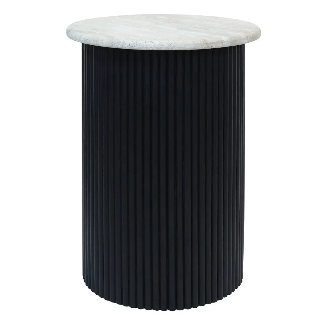 Walford Travertine Top Side Table with Black Acacia Wood Base