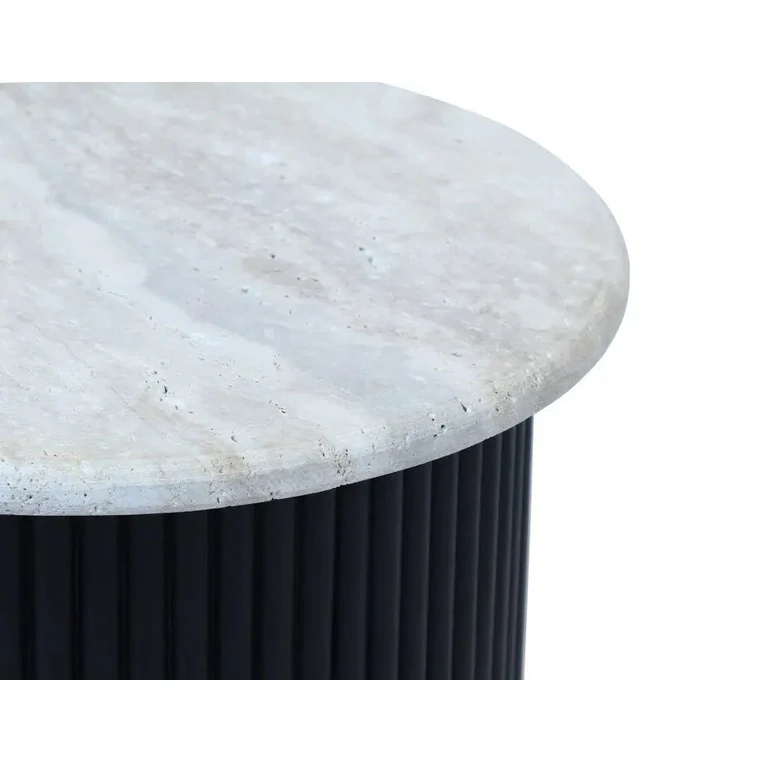 Walford Travertine Top Side Table with Black Acacia Wood Base - Image 5