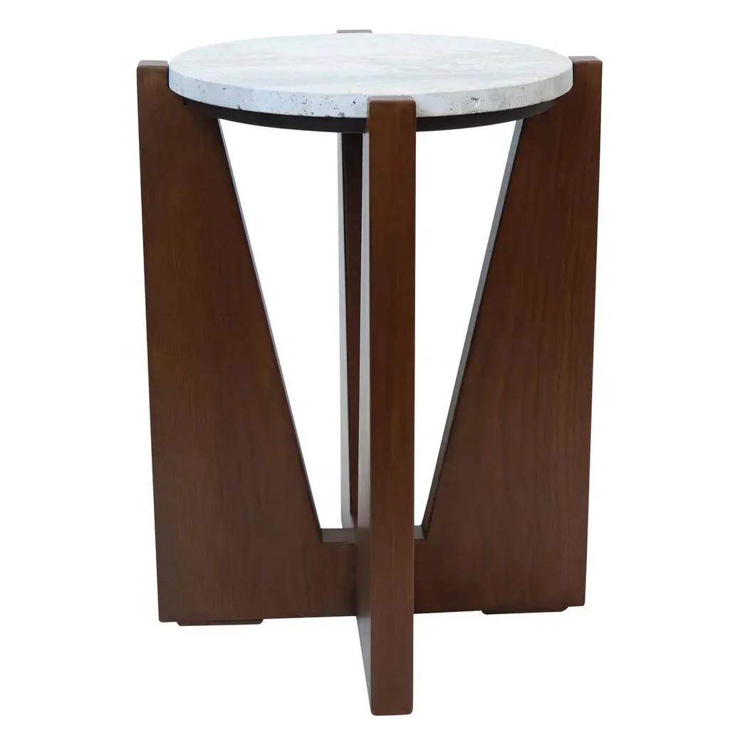 Wenton Travertine Top Side Table with Acacia Wood Frame