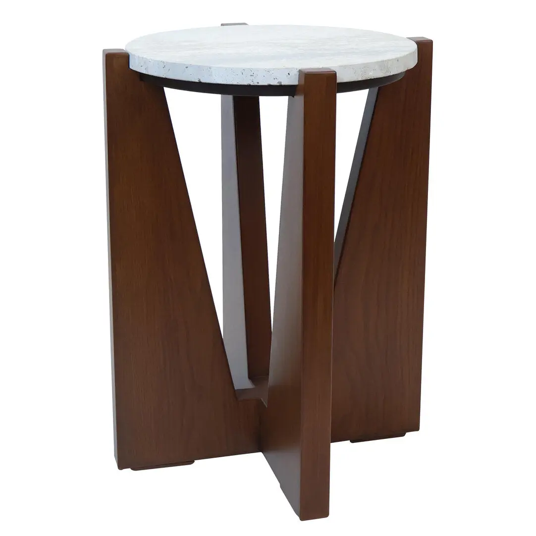 Wenton Travertine Top Side Table with Acacia Wood Frame - Image 12