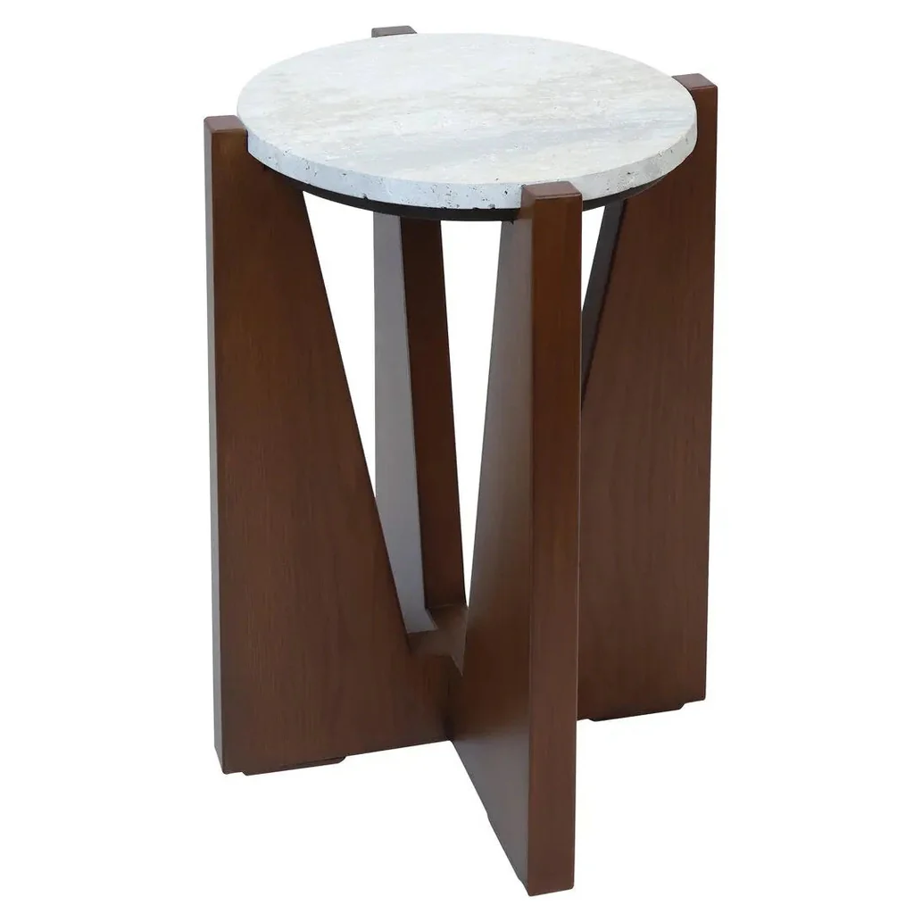 Wenton Travertine Top Side Table with Acacia Wood Frame - Image 6